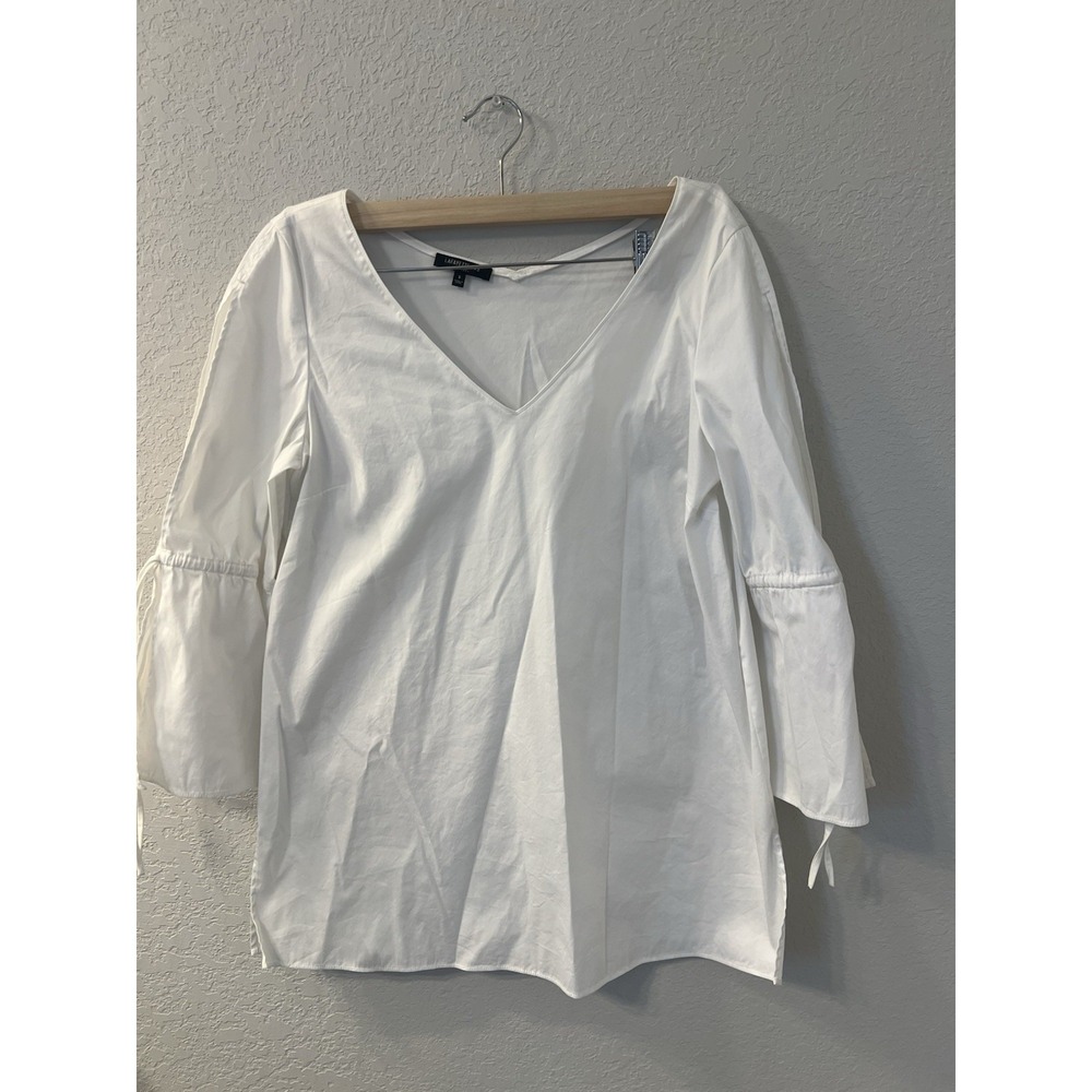Lafayette 148 NY Women's Tie & Slit‎ Sleeve White Cotton Blend Blouse Size S